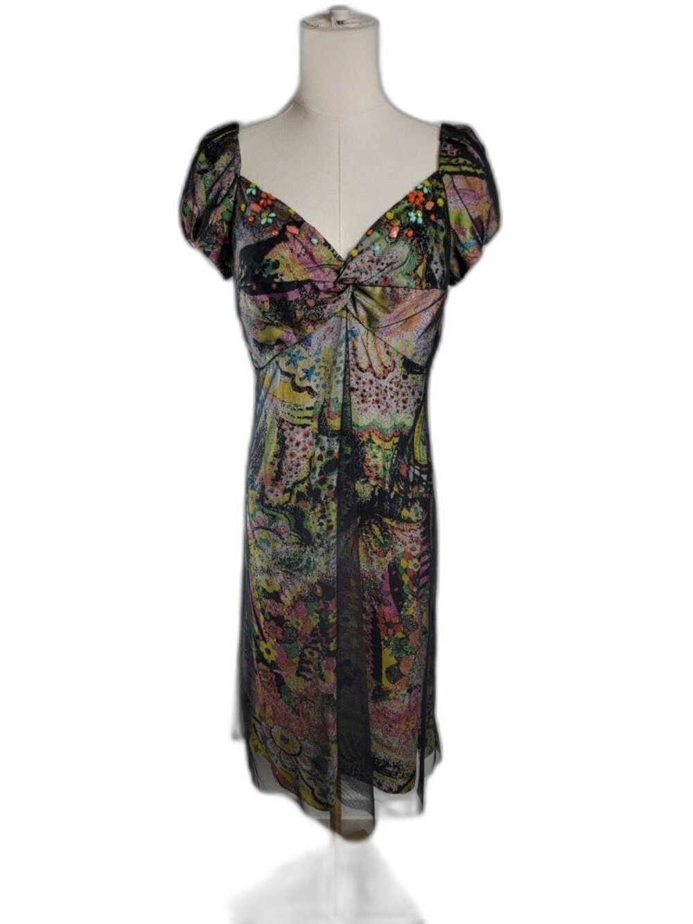 I Am Alberto Makali Mesh Overlay Dress Abstract Print Size 6 Empire Waist